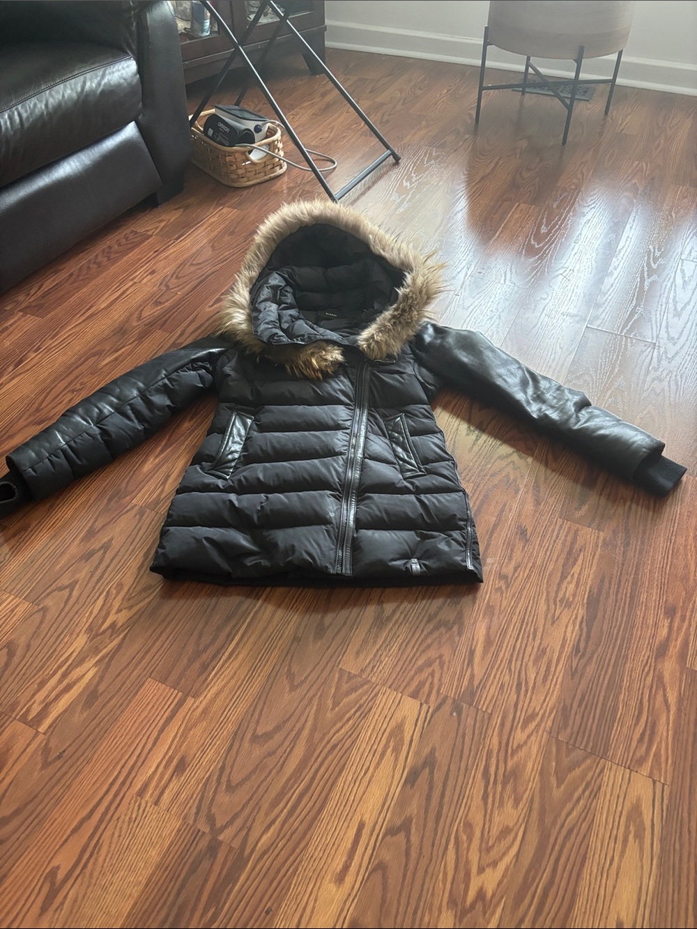 RUDSAK Black Hooded Puffer Coat with Faux Fur Trim